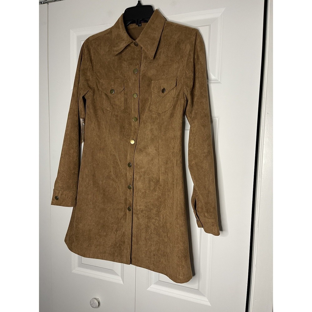 Personal privilege button down Faux Suede Snap dress medium brown NWT